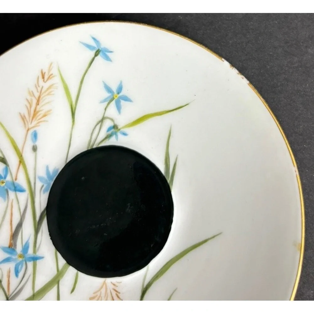 Antique 1997 Hand Painted Tea Cup and Saucer Blue Iris AJC LJC Demitasse